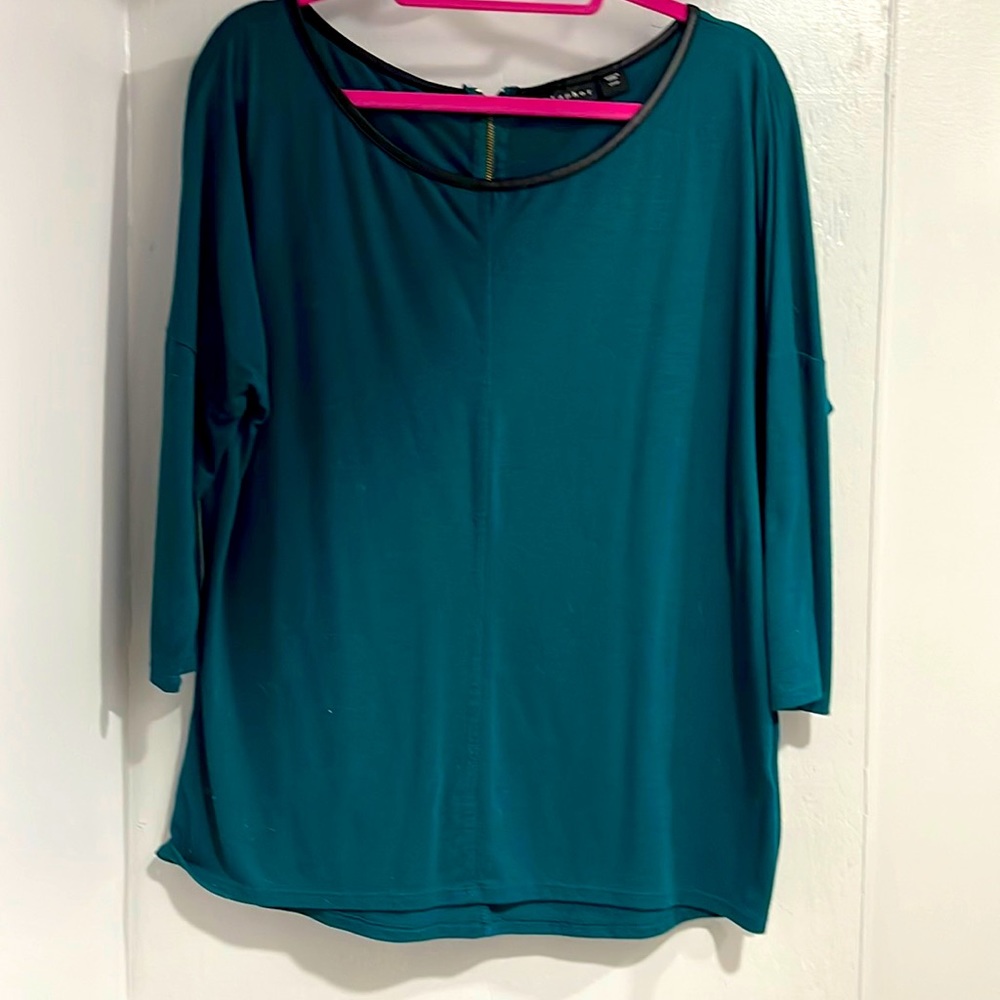 Teal blouse with leather look trim